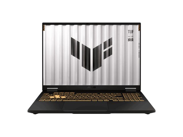 An ASUS TUF Gaming F16 laptop, open, seen from the front.