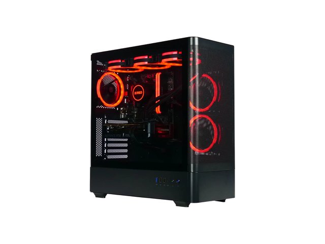 A black tower PC with a glass side panel, red-lit fans and a graphics card visible inside.