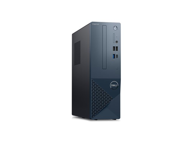 A slim dark blue Dell small-form-factor desktop, seen from the front.