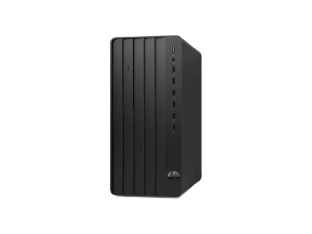 A black HP Pro Tower desktop, seen from the front.
