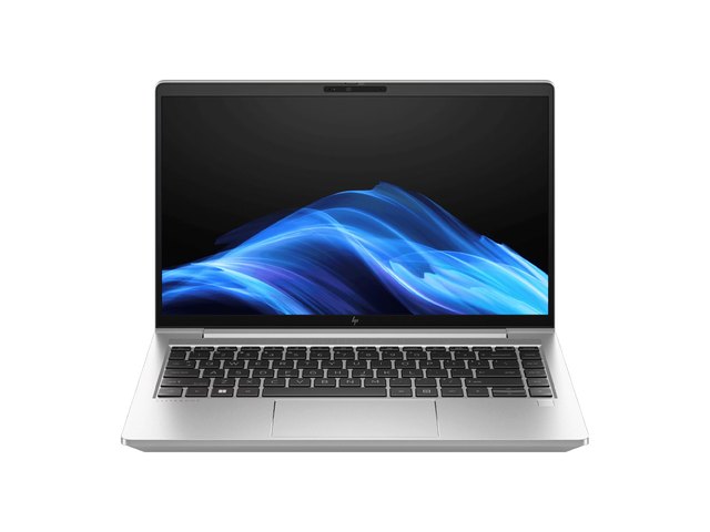 An HP EliteBook 640 laptop, open, seen from the front.