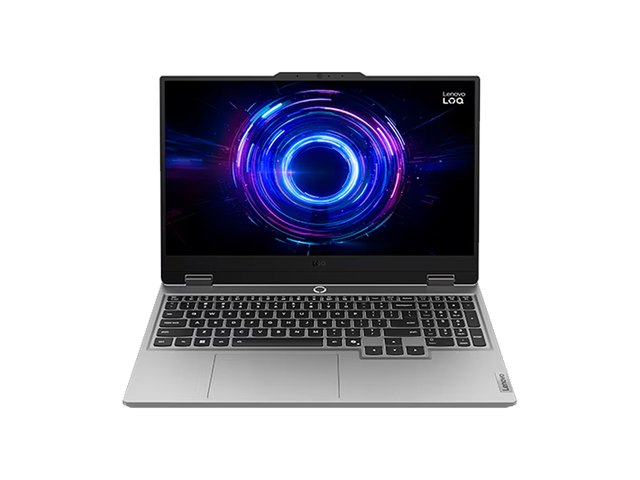 A Lenovo LOQ 15 laptop, open, seen from the front.