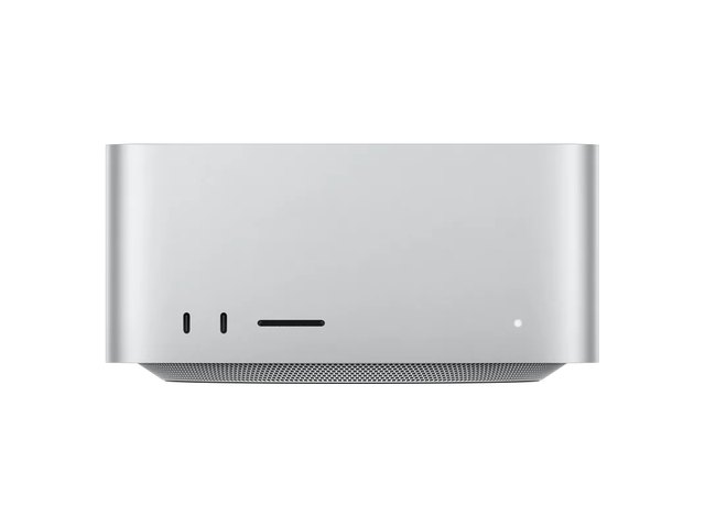 A Mac Studio desktop computer, seen from the front.