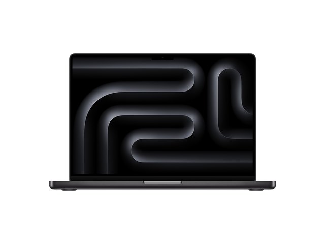 A space-black MacBook Pro, open, seen from the front.