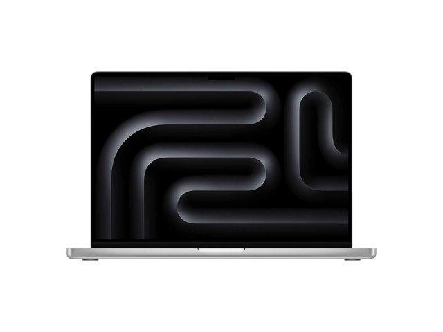 A silver MacBook Pro, open, seen from the front.