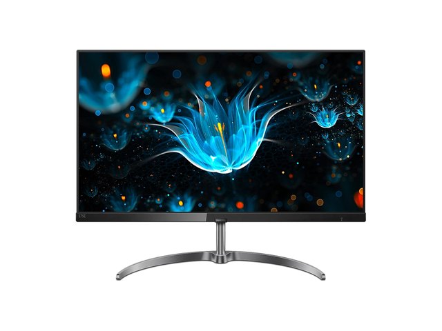 A Philips 275E9 monitor on a curved metal stand, seen from the front.