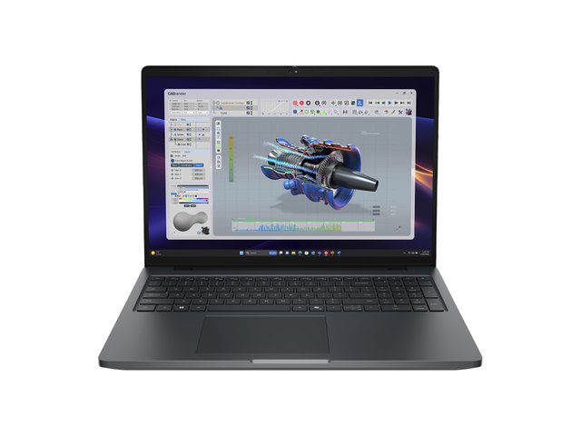 A dark grey mobile workstation running CAD software, seen from the front.