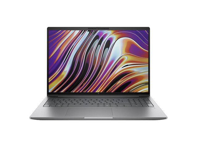 An HP ZBook mobile workstation, open, seen from the front.