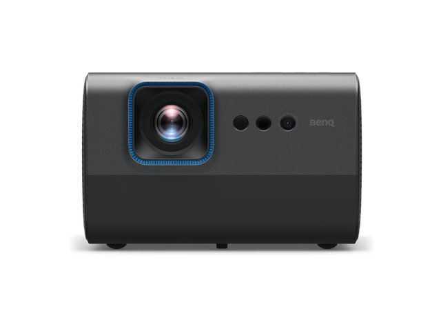 A compact dark grey BenQ portable projector, seen from the front.
