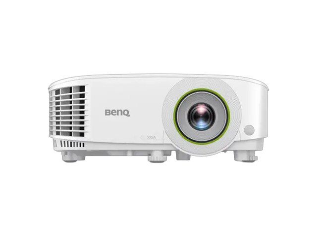A white BenQ projector with a round lens surround, seen from the front.