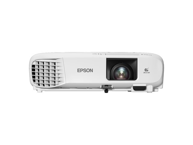 A white Epson projector, seen from the front.