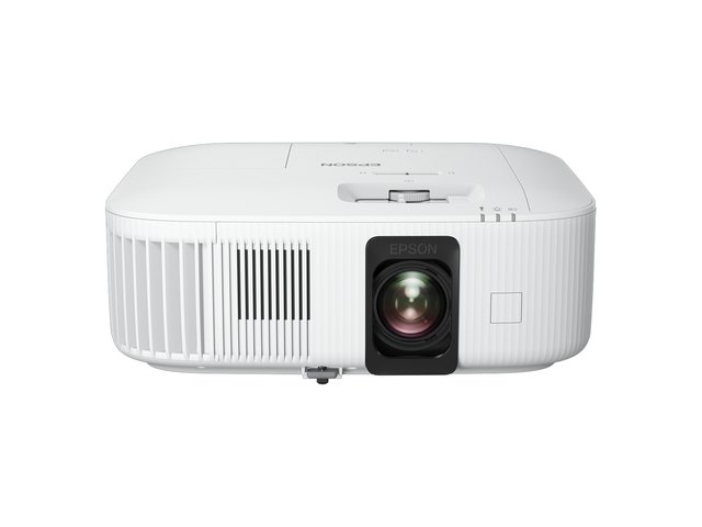 A white Epson projector with a large centred lens, seen from the front.