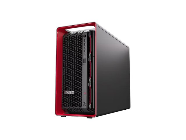 A Lenovo ThinkStation tower workstation, seen from the front.